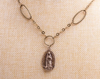 Unique Our Lady of Guadalupe Vintage Catholic Necklace on a large looping chain w/gemstone dangle of your choice, Virgin Mary Necklace