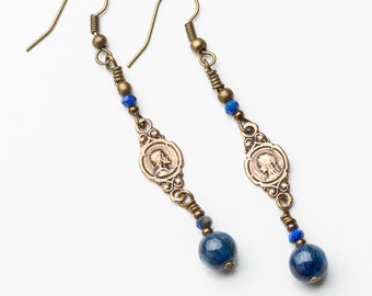 Jesus & Virgin Mary Vintage Catholic Edwardian Earrings with High Quality Kyanite Beads Luxe with Bronze Medals, Catholic Gifts for  Women