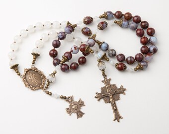 Chaplet of Divine Mercy Handmade Vintage Catholic Rosary, French Vintage Rainbow Moonstone, Red Lightning Agate Beads & Bronze