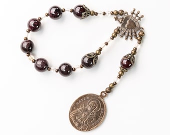 Mini Chaplet of the Seven Sorrows of Mary Heirloom Quality, Vintage Catholic Pocket Chaplet In Dark Red Garnet, Catholic Grief Gift