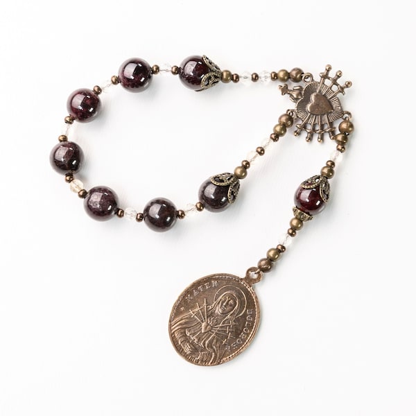 Mini Chaplet of the Seven Sorrows of Mary Heirloom Quality, Vintage Catholic Pocket Chaplet In Dark Red Garnet, Catholic Grief Gift