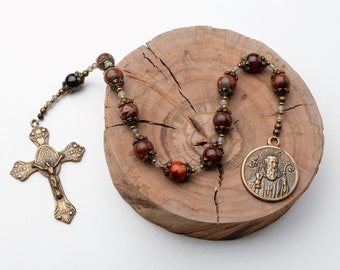 St. Benedict Vintage Catholic Decade Rosary, Tenner Rosary with Bronze Medals, Godfather or Dad Gift, Gemstone Rosary