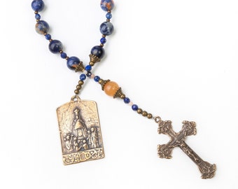 Our Lady of Fatima Vintage Catholic One Decade Rosary, Orange Sodalite Tenner Rosary with Bronze Medals, Catholic Gifts for Women