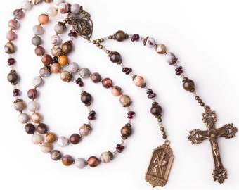 St. Christopher Mens or Boys Heirloom Vintage Catholic Rosary, Laguna Lace Agate Handmade Rosary Beads w/Labradorite