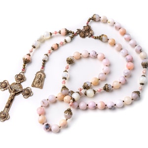 BEST SELLER! Vintage Catholic Saint Therese, the Little Flower Rosary, Pink Opal Rosary, Catholic Gifts perfect for A Special Woman or Girl