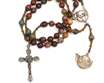 Saint Hubert Bronze Heirloom Catholic Rosary, Patron Saint of Hunters, Handmade Gemstone Rosary Beads Made with Red Creek Jasper