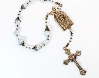 Our Lady, Undoer of Knots Chaplet Designed with White Moonstone & Cast Bronze Medals, Unique Vintage-Looking Catholic Prayer Beads