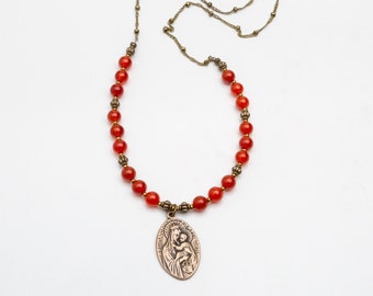 Saint Teresa of Avila Catholic Necklace with Carnelian Beads, Saint Necklace & Virgin Mary Necklace that Makes a Great Catholic Gift for Her