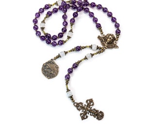 Girls Amethyst Heirloom Rosary with Bronze Cherub Medals - Ideal for a Catholic Baptism or First Holy Communion