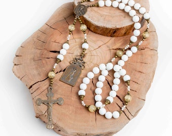 Our Lady of Fatima White Jade Handmade Vintage Catholic Rosary, Heirloom Rosary Prayer Beads