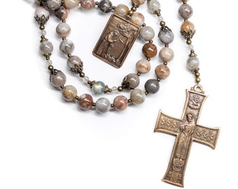 Saint Francis Bronze Heirloom Catholic Rosary, Patron Saint of Animals, Handmade Gemstone Rosary Beads Made with Laguna Lace Agate