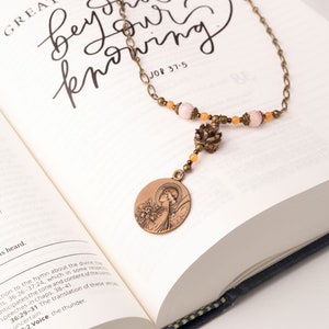Blessed is She who Believed Vintage Catholic Necklace - ArchAngel Gabriel of the Annunciation in Cherry Blossom Agate & Bronze