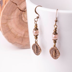 Miraculous Medal Vintage Catholic Earrings  - Virgin Mary Earrings in Luxe Sunstone & Bronze, Catholic Gifts