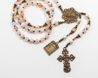 Blessed is She who Believed Vintage Catholic Rosary Beads - Annunciation Virgin Mary Necklace in Cherry Blossom Agate, Pearl