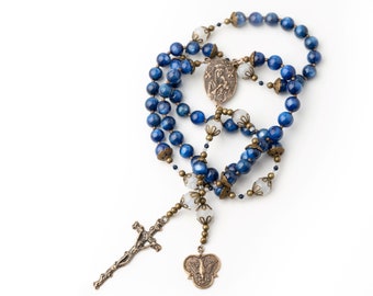 Blue Kyanite Rose Quartz Handmade chain rosary style necklace and earrings. Blue Kyanite rosary Necklace