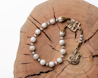 Saint Anthony Chaplet created with White Silverite Agate & Cast Bronze Medals, Unique Vintage Catholic Rosary w/ Patron Saint of Lost Items