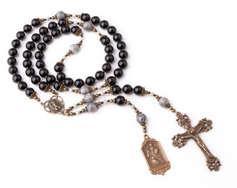 St. Christopher Mens or Boys Handmade Vintage Catholic Rosary, Black Onyx & Picasso Jasper Rosary Beads for Meaningful Catholic Gifts
