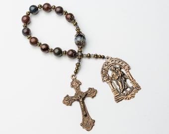 St. Joseph Vintage Catholic Decade Rosary, Pietersite Tenner Rosary with Bronze Medals, Patron Saint of Fathers, Familes and Workers