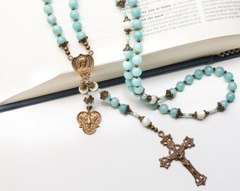 Ave Maria Blue Baptism Rosary- Heirloom Vintage Catholic Rosary in Amazonite & Mother of Pearl, Catholic Baby or Sacrament Gift