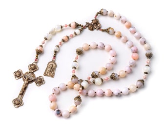 BEST SELLER! Vintage Catholic Saint Therese, the Little Flower Rosary, Pink Opal Rosary, Catholic Gifts perfect for A Special Woman or Girl