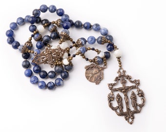 BEST SELLER! St. Mother Teresa of Calcutta Vintage Catholic Rosary, Blue Sodalite, Mother of Pearl & Bronze Medals, Catholic Gifts