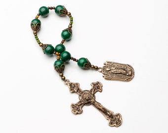 Saint Jude Chaplet created with Rich Green Malachite and Cast Bronze Medals, Unique Vintage Catholic Rosary w/ Patron Saint of Hopelessness