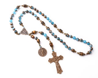 Sacred Heart Vintage Catholic Rosary, Catholic Gift Baptism Rosary or Child's First Communion Rosary - Golden Blue Denim Quartz & Garnet