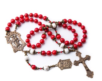 St. Joseph Mens or Boys Heirloom Vintage Catholic Rosary, Red Coral and Howlite Handmade Rosary Beads for Meaningful Catholic Gifts