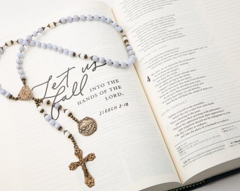 BEST SELLER! Baptism Rosary- Heirloom Vintage Catholic Rosary in Blue Lace Agate & Mother of Pearl, Catholic Baby Gift