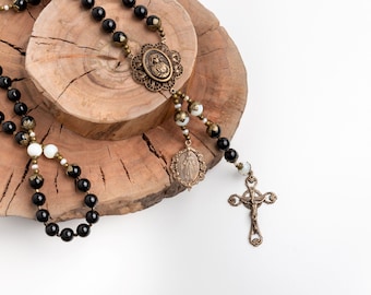 Saint Faustina Inspired Vintage Catholic Rosary with Divine Mercy Side Medal in Black Onyx and Mother of Pearl