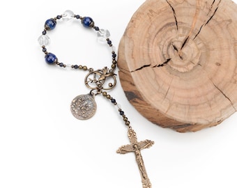 The Angelus Chaplet,  Blue and Clear Quartz Prayer Beads with Cast Bronze Medals Celebrating the Annuciation, Ave Maria Gratia Plena Medal