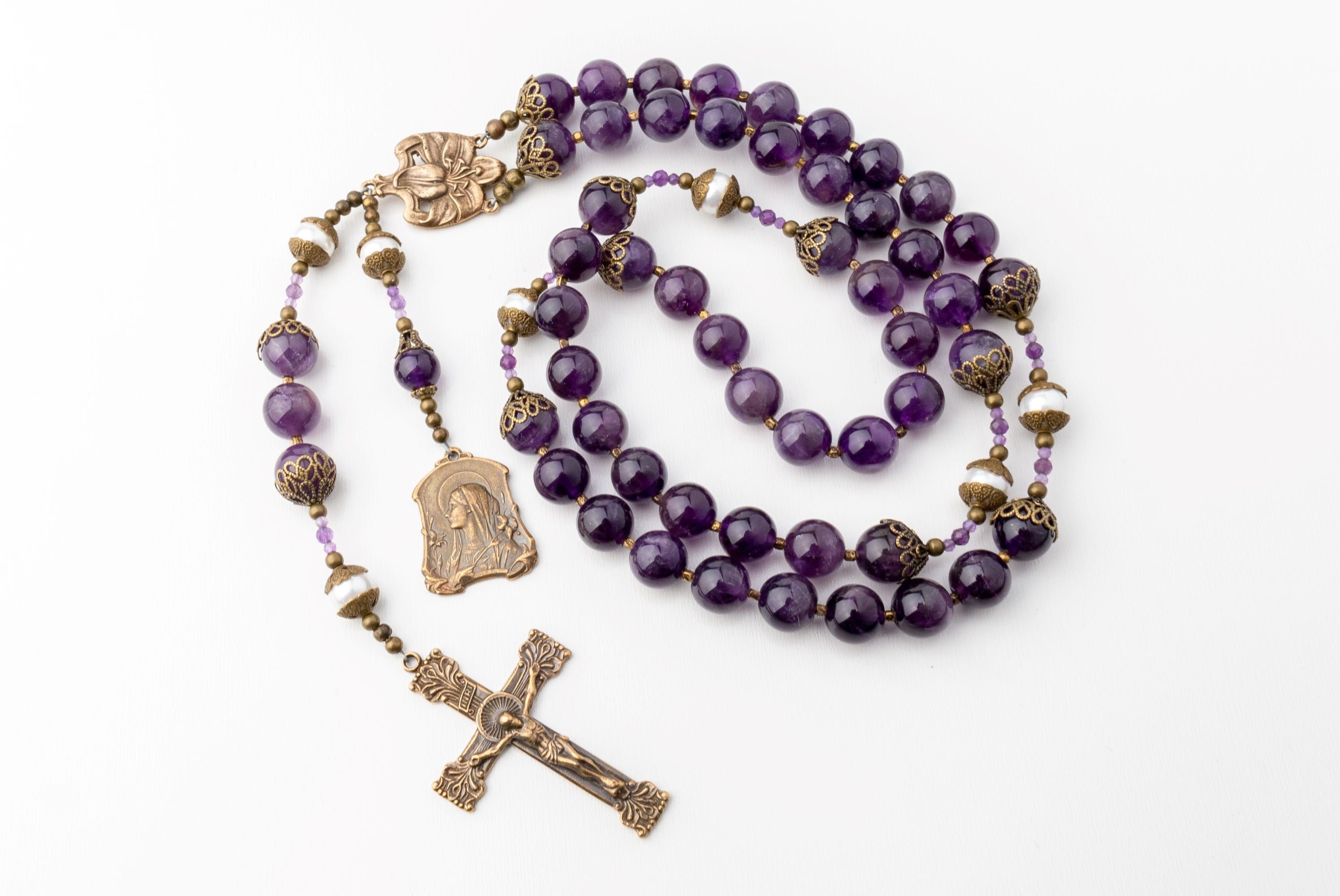 Large Bead 10Mm Our Lady Of The Lilies Handmade Vintage Catholic Amethyst  Rosary, Catholic Gifts Perfect For A Special Woman