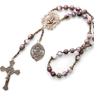 Chaplet of the Precious Blood ~ Unique Handmade Vintage Catholic Rosary, Heirloom Rosary in Eudialyte Gemstone Beads with Cast Bronze Medals
