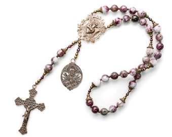 Chaplet of the Precious Blood ~ Unique Handmade Vintage Catholic Rosary, Heirloom Rosary in Eudialyte Gemstone Beads with Cast Bronze Medals