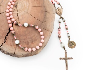 Saint Joan of Arc with Fleur de Lis Heirloom Vintage Catholic Rosary in Pink Conch, Baptism and First Communion Rosary