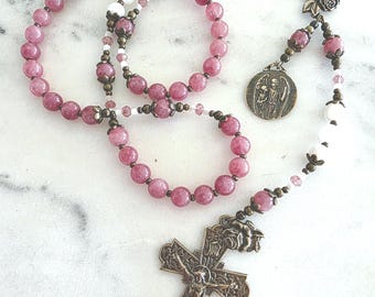 Rose Themed Pink Baptism Rosary- Heirloom Catholic Rosary in Pink Rhodocrosite Colored Quartz & Mother of Pearl, Baby or Communion Rosary