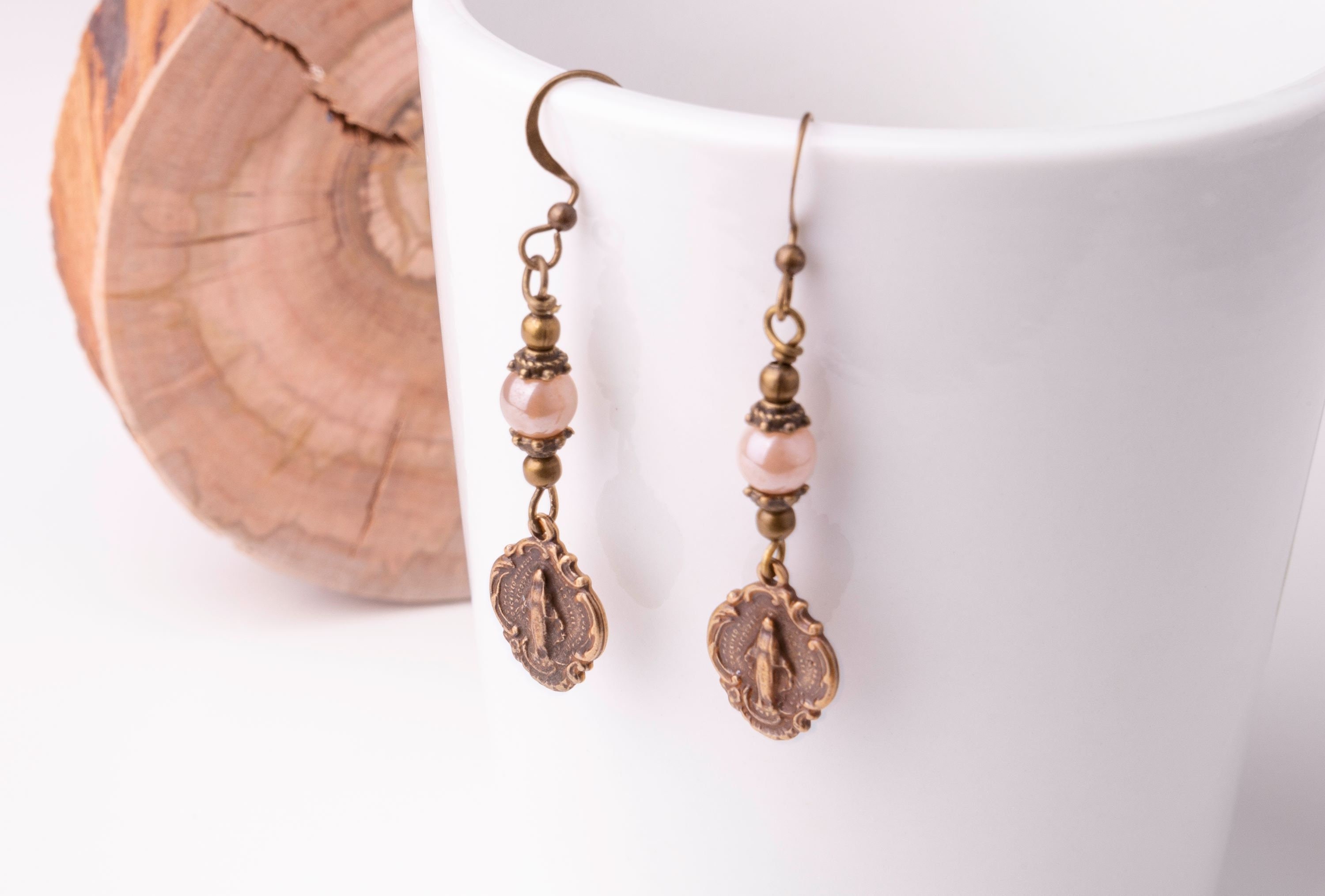 Miraculous Medal Vintage Catholic Earrings Virgin Mary Earrings