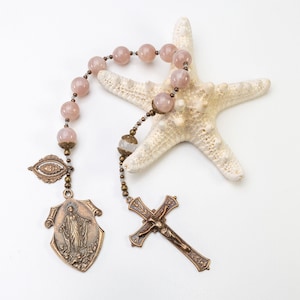 Our Lady of Assumption Vintage Catholic Decade Rosary, Peach Moonstone Tenner Rosary with Bronze Medals, Catholic Gifts for Women