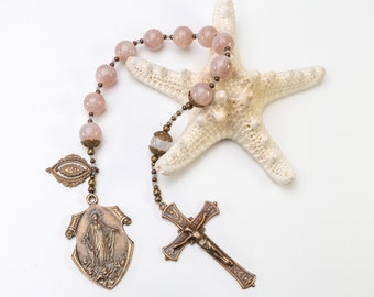 Our Lady of Assumption Vintage Catholic Decade Rosary, Peach Moonstone Tenner Rosary with Bronze Medals, Catholic Gifts for Women