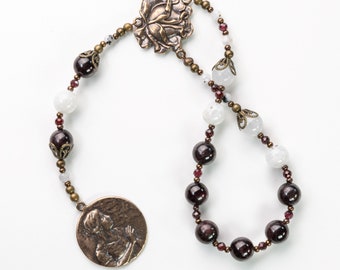 Saint Mary Magdalene Chaplet, Heirloom Catholic Prayer Beads Made with Garnet & Moonstone Beads, a Special Catholic Gifts perfect for Women