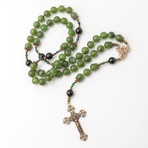 St. Patrick & St. Brigid Mens Irish Heirloom Vintage Catholic Rosary, Nephrite Jade and Black Onyx Handmade Green Rosary Beads No thanks