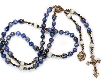 Miraculous Medal Blue Rosary - Virgin Mary Rosary in Blue Sodalite, Mother of Pearl with Bronze Medals, Catholic Gift for Women