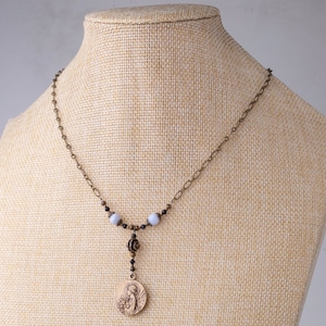 Blessed is She who Believed Vintage Catholic Necklace - ArchAngel Gabriel of the Annunciation in Blue Lace Agate, Pearl, Bronze
