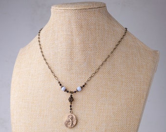 Blessed is She who Believed Vintage Catholic Necklace - ArchAngel Gabriel of the Annunciation in Blue Lace Agate, Pearl, Bronze