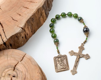 St. Patrick Vintage Catholic Decade Rosary, Nephrite Jade Tenner Rosary with Bronze Medals, Catholic Gifts for Men or Women