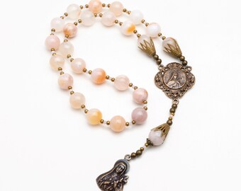 Saint Therese of Lisieux Chaplet, Vintage Catholic Prayer Beads Made in Cherry Blossom Agate is a Special Catholic Gifts perfect for Women