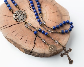 Something Blue Bridal Rosary with Twin Hearts & Wedding Bronze Medals, Catholic Heirloom Rosary, Handcrafted in Blue Lapis and Clear Quartz