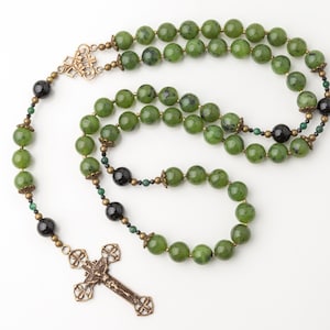 St. Patrick & St. Brigid Mens Irish Heirloom Vintage Catholic Rosary, Nephrite Jade and Black Onyx Handmade Green Rosary Beads image 1