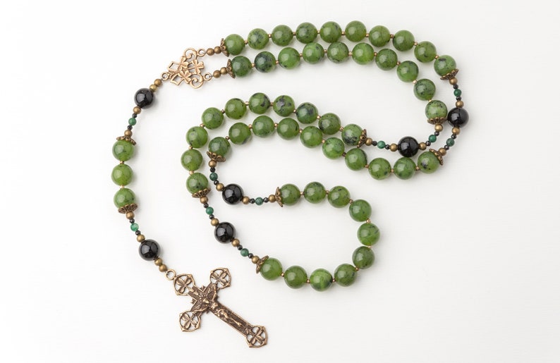 St. Patrick & St. Brigid Mens Irish Heirloom Vintage Catholic Rosary, Nephrite Jade and Black Onyx Handmade Green Rosary Beads image 1