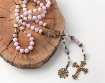 Holy Eucharist Heirloom Catholic Rosary, Kunzite Vintage Catholic Rosary for a Woman or Girls First Communion,  Confirmation or Wedding Gift